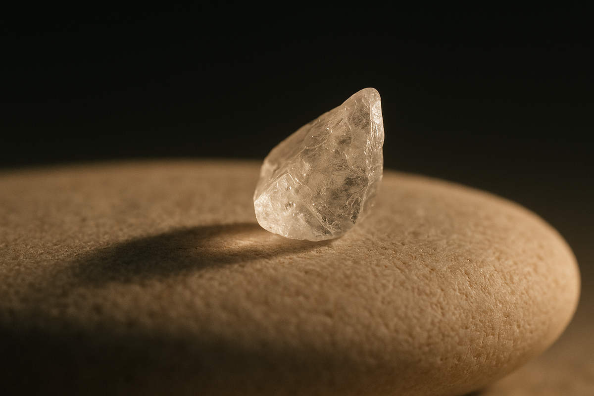 A single translucent crystal shard resting on a smooth pale stone, lit from the side
