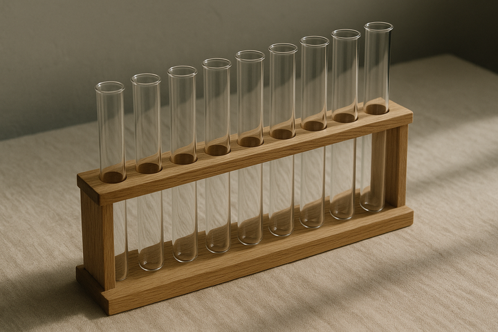 Empty glass laboratory test tubes standing in an oak rack on linen, a quiet image for how a lab result is produced