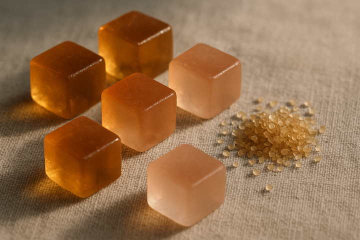 Translucent amber and coral gel cubes on sand linen beside a small heap of cane sugar crystals, a visual for the sugar matrix that carries the vitamins in a gummy