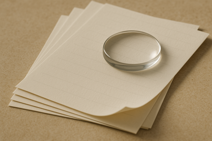 A small stack of blank paper sheets with a glass magnifier resting on top