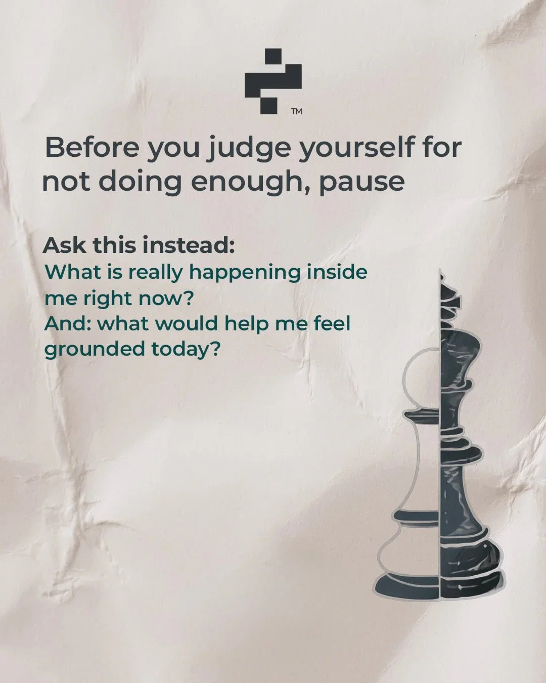 Motivational quote about self-reflection on crumpled paper with black king chess piece illustration