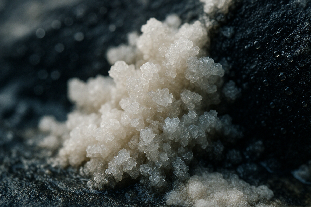 Macro of pale mineral crystals forming on wet dark stone