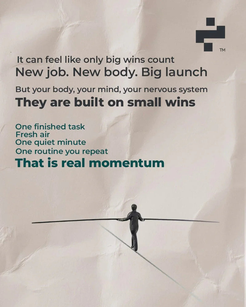 Motivational quote about small wins and momentum with a person balancing on a tightrope.