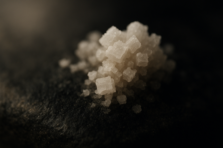 Extreme macro of pale salt crystals slowly forming on dark wet stone in soft window light