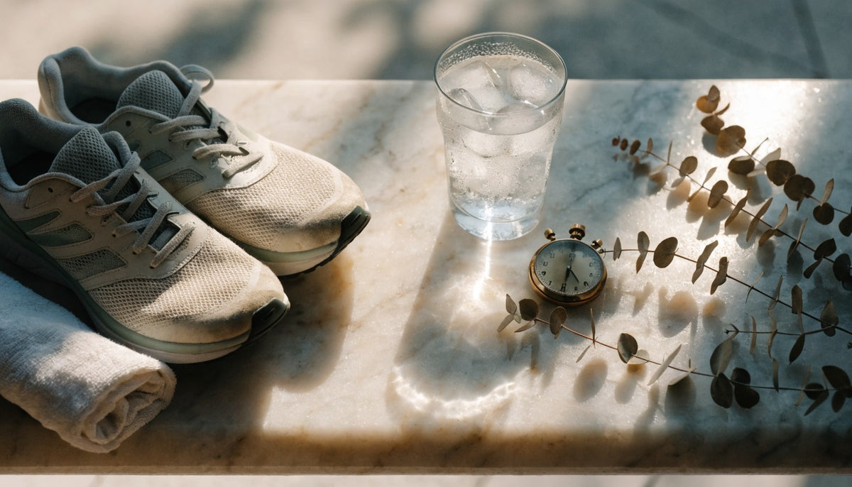 Cream marble bench with running shoes, glass of cold water with ice, brass clock, and eucalyptus sprigs in warm natural light