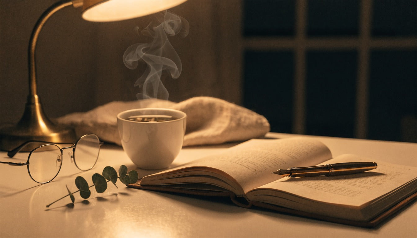 Editorial night desk scene with warm amber lamp, cup of herbal tea, open notebook and fountain pen, illustrating the shift worker cognition protocol