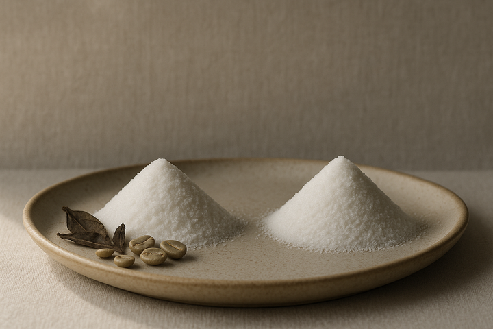 Two identical mounds of white caffeine powder on a ceramic plate, one beside green coffee beans and tea leaves