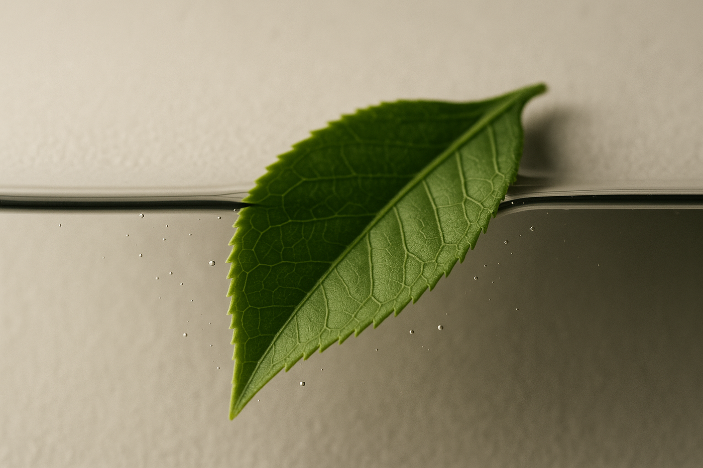 A fresh green tea leaf at the surface of clear water, the natural source of L-theanine