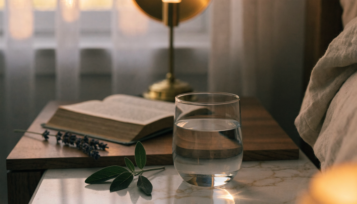 Editorial dusk sleep scene with glass of water on walnut nightstand, sage and lavender sprigs, soft warm lamp glow