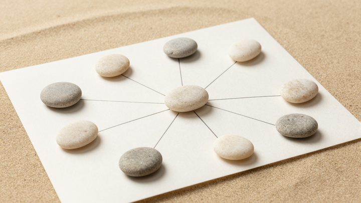 Pale stones on sand-toned paper connected by fine ink lines into one network, evoking the B-vitamins working together as a connected system