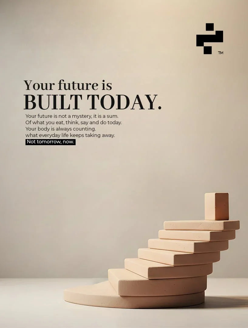 Minimalist spiral staircase sculpture with motivational text about building a healthy future today.