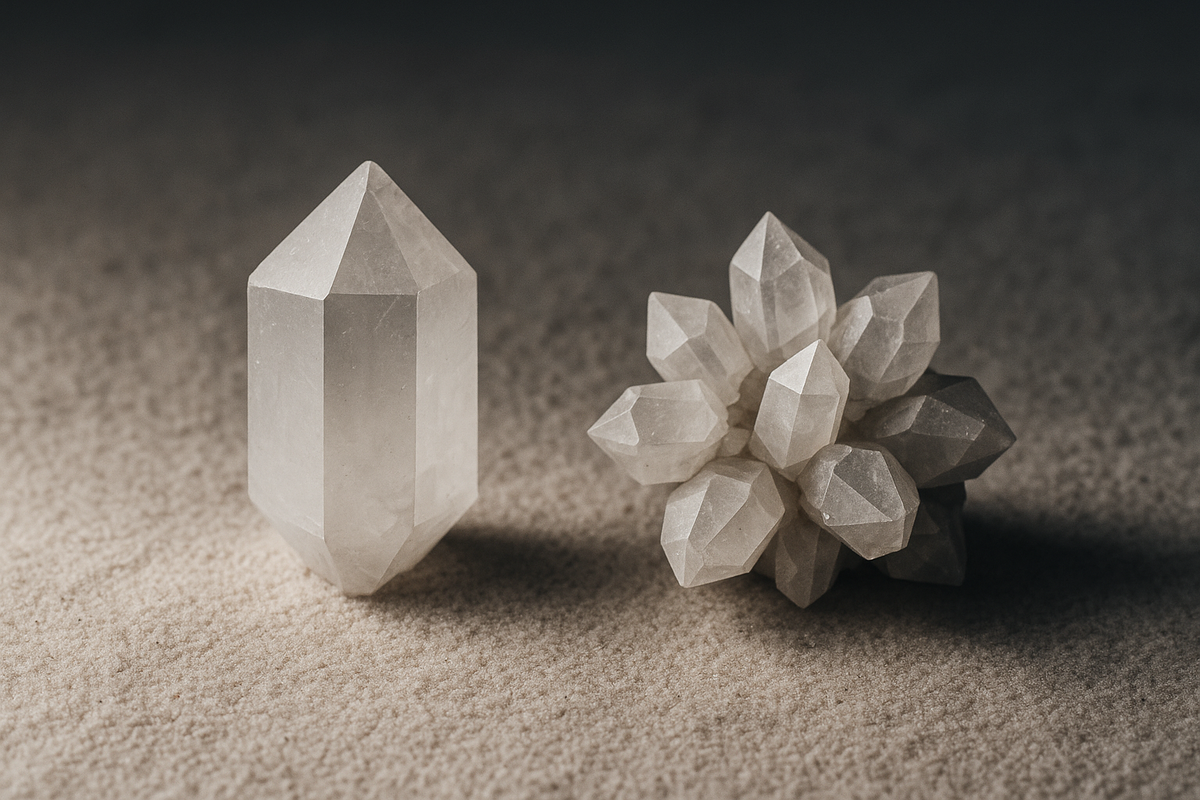 A single flawless crystal beside a cluster of eight near-identical mirror-image crystals on pale sand