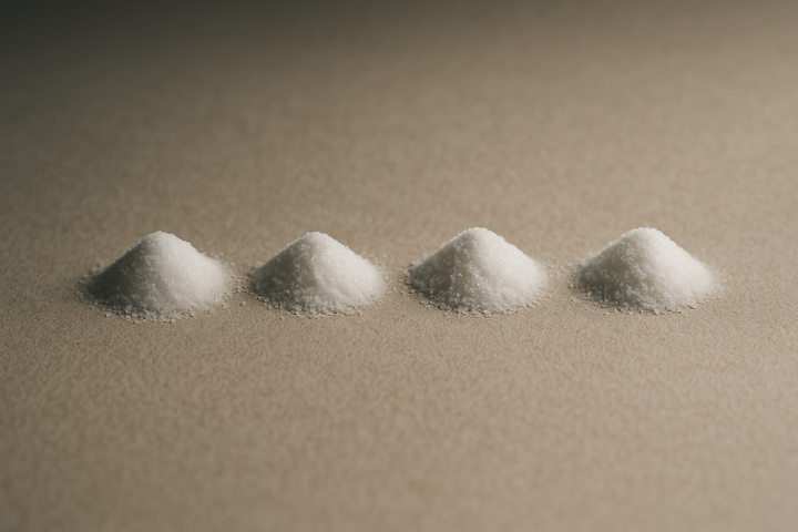 Four small heaps of pale crystalline creatine powder in a row on sand-toned paper, in calm NOTFORTOMORROW studio light
