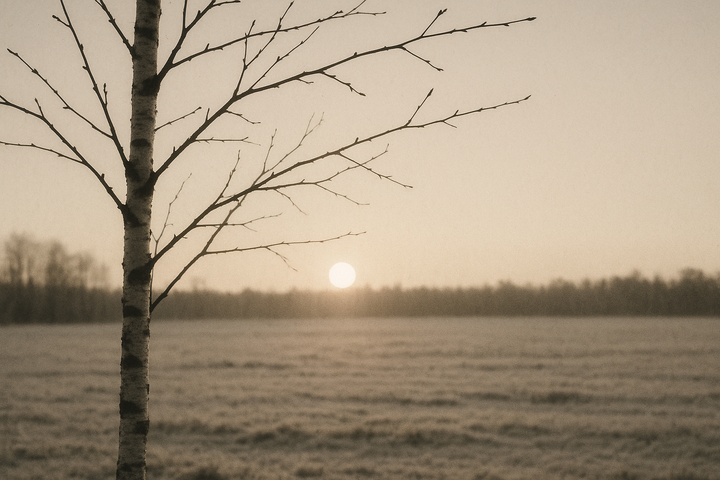 Low winter sun just above the horizon behind a bare birch over a frosted northern field