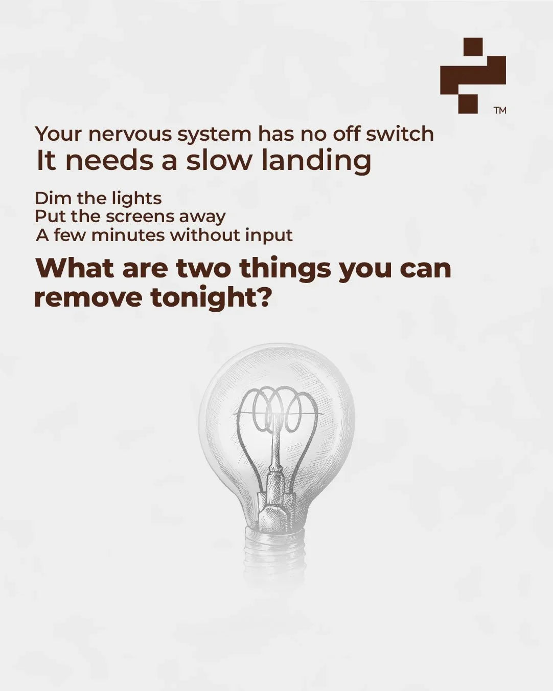 Motivational wellness graphic with advice for nervous system relaxation and a light bulb illustration
