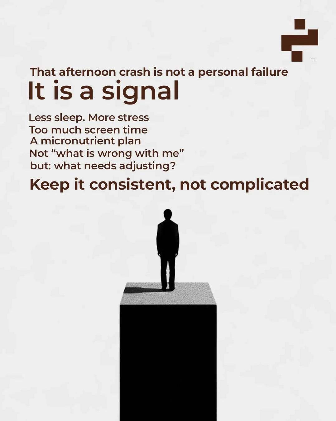 Silhouette of a person standing on a dark pedestal with motivational health text about improvement and consistency.