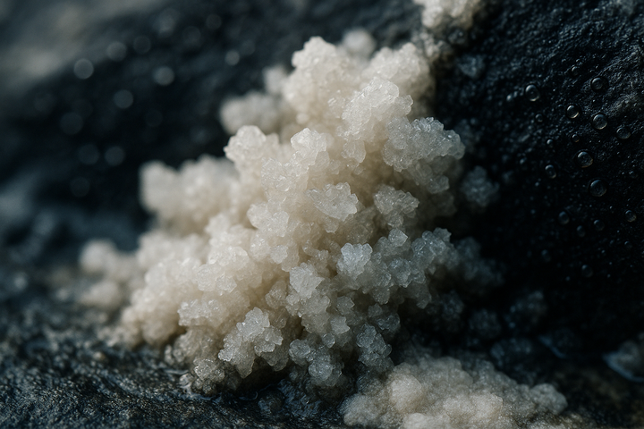 Macro of pale mineral crystals forming on wet dark stone