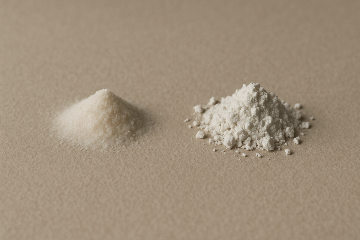 Two small heaps of pale mineral powder side by side on sand-toned paper, one fine and one chalky, evoking two forms of the same mineral, in an ink, paper and sand palette