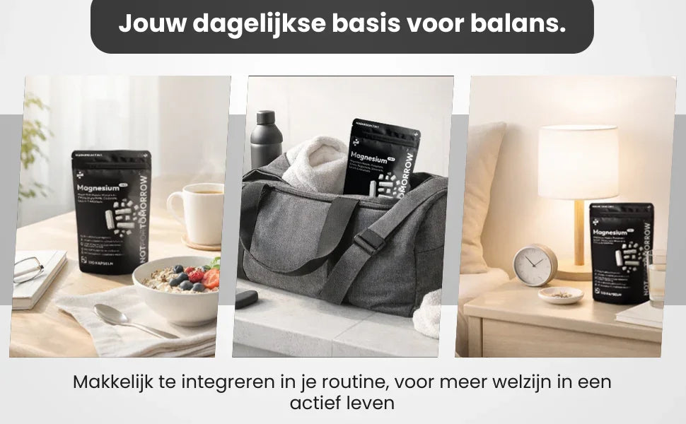 Magnesium supplement capsules in black packaging shown on breakfast table, in gym bag, and on bedside table for daily health routine integration.