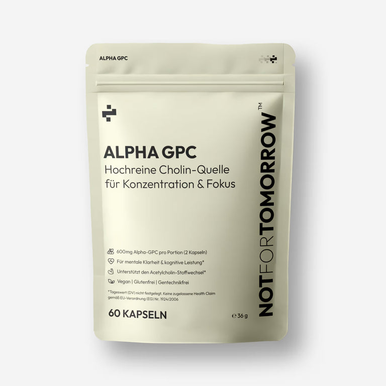 Cream NOTFORTOMORROW stand-up pouch, German front label, Alpha-GPC 600 mg per 2 capsules, 60 capsules