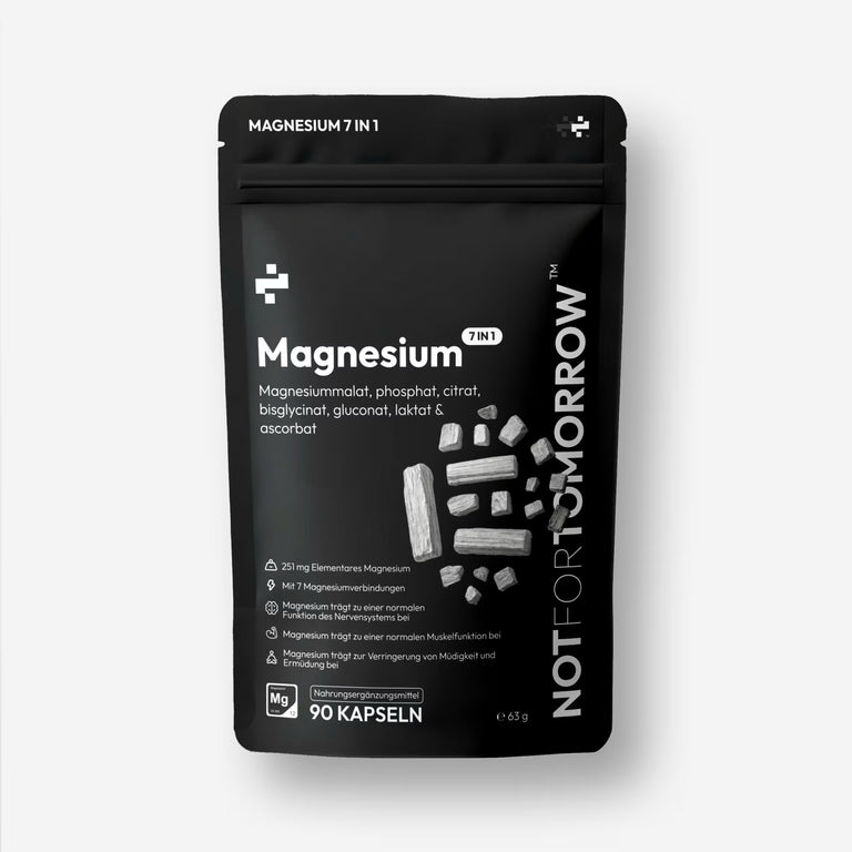 NOTFORTOMORROW Magnesium 7-in-1 pouch front, 251 mg elemental magnesium, 7 forms listed, 90 capsules