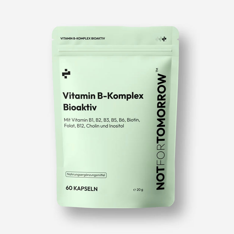 NOTFORTOMORROW Vitamin B-Komplex Bioaktiv green supplement pouch, front label, 60 capsules