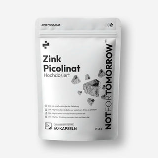 White NOTFORTOMORROW Zink Picolinaat pouch front, 60 capsules, 48 g, with grey zinc mineral graphic