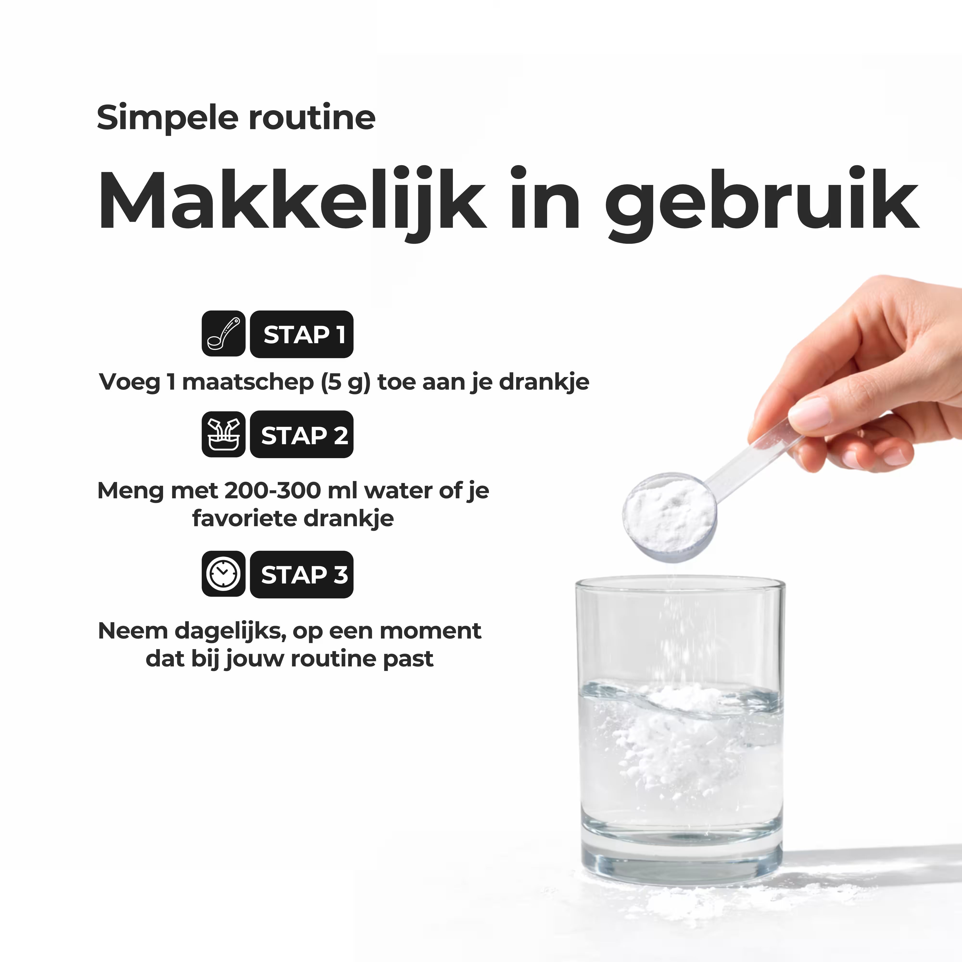 Hand adding creatine powder with scoop to glass of water, step-by-step usage instructions visible.