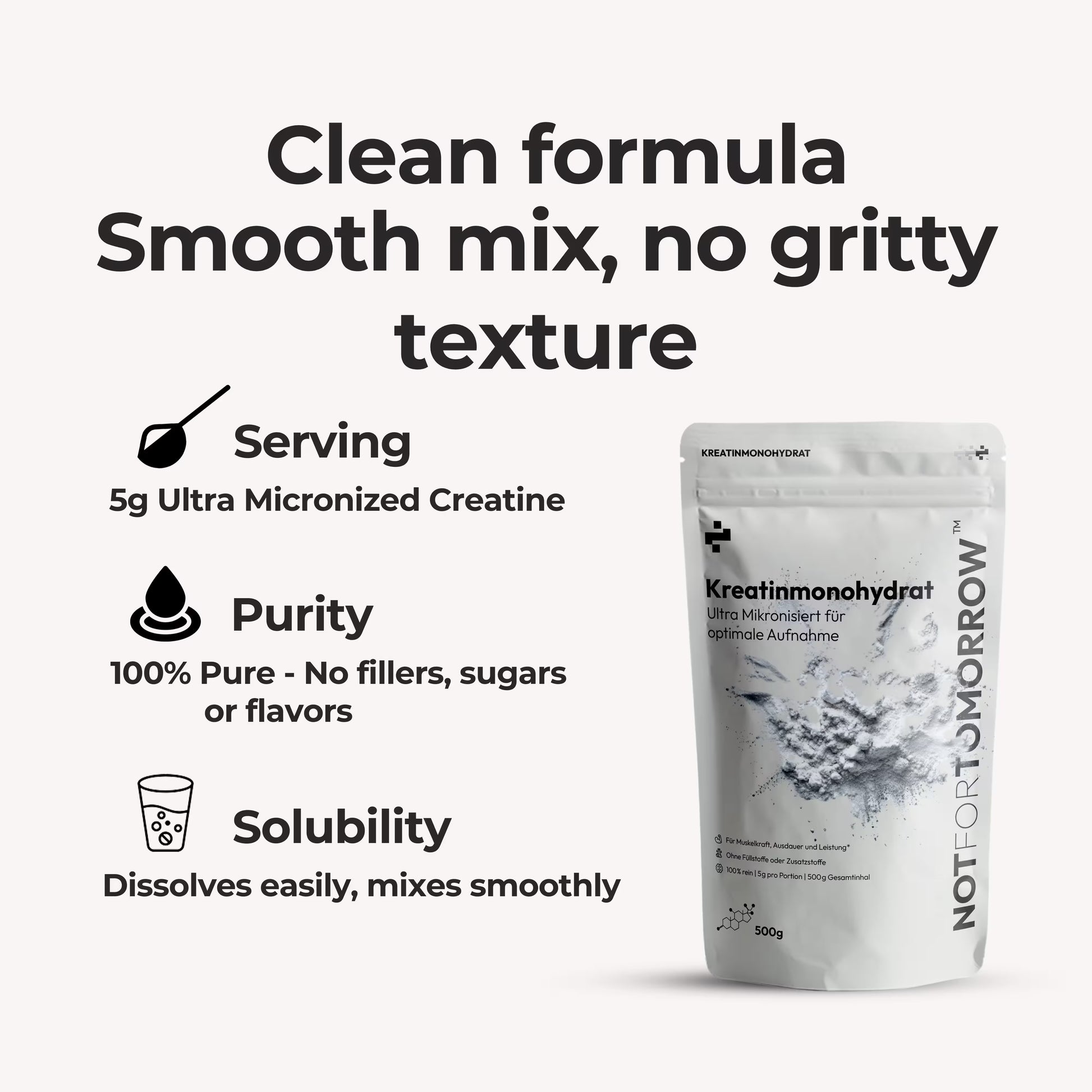 Creatine monohydrate supplement pouch with clean formula, smooth mix, pure and easily dissolving powder.