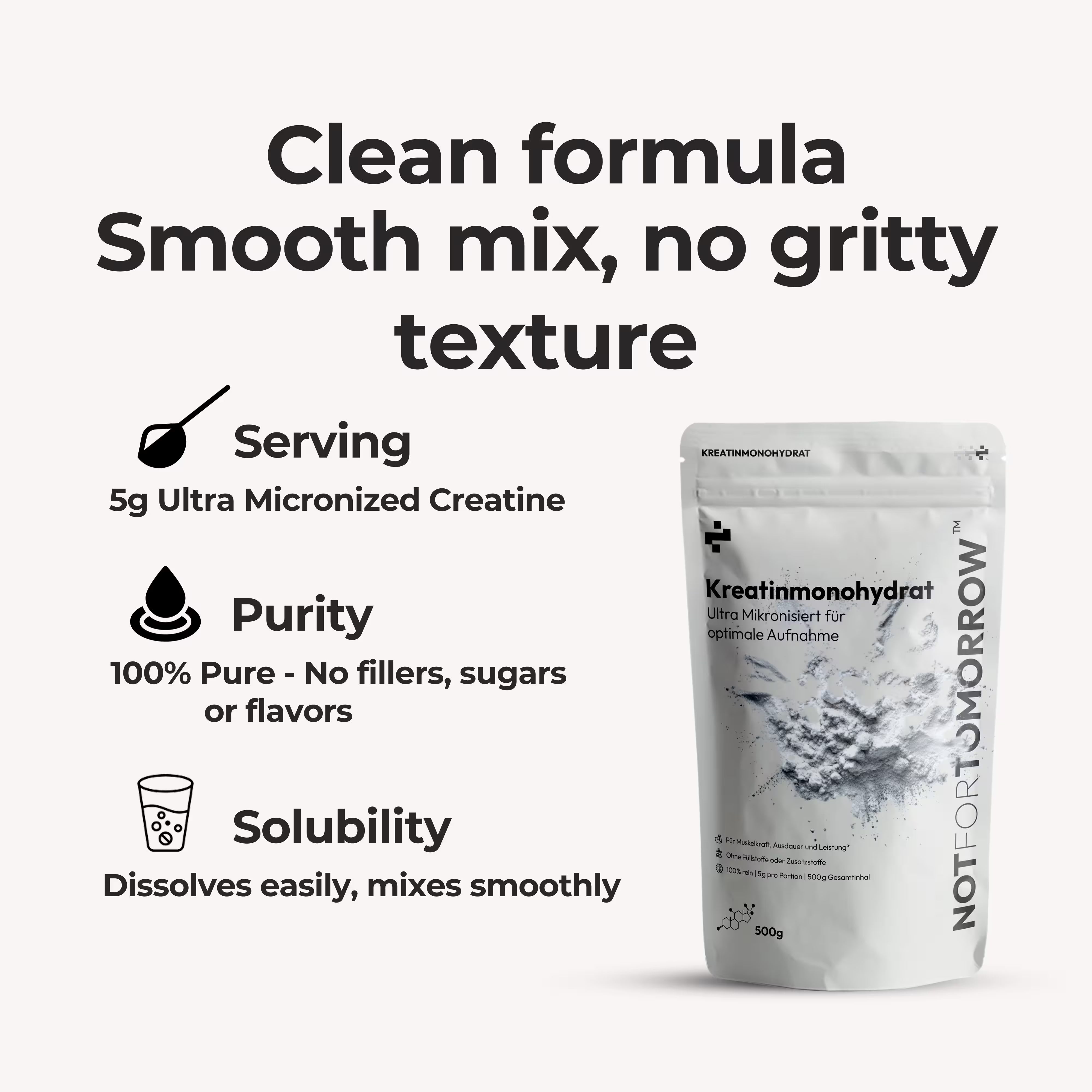 Creatine monohydrate supplement pouch with clean formula, smooth mix, pure and easily dissolving powder.