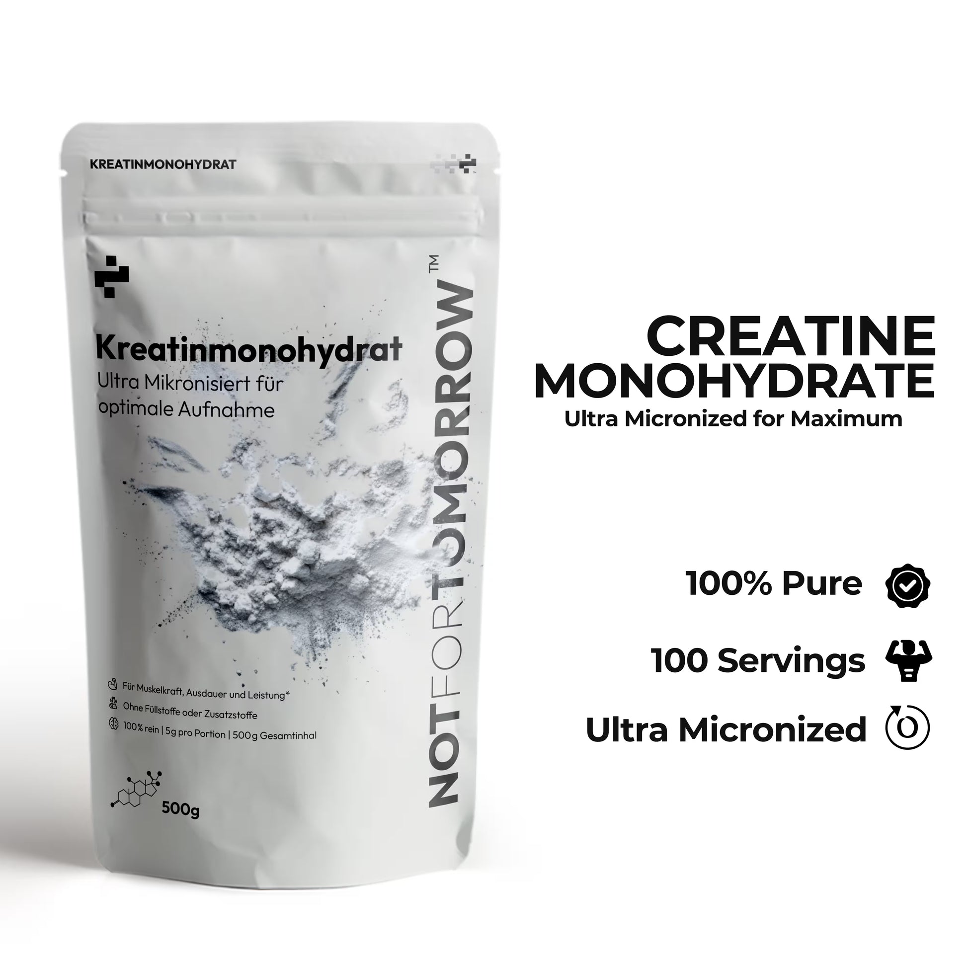 Creatine monohydrate powder pouch, ultra micronized, 100% pure, 100 servings, minimal design.