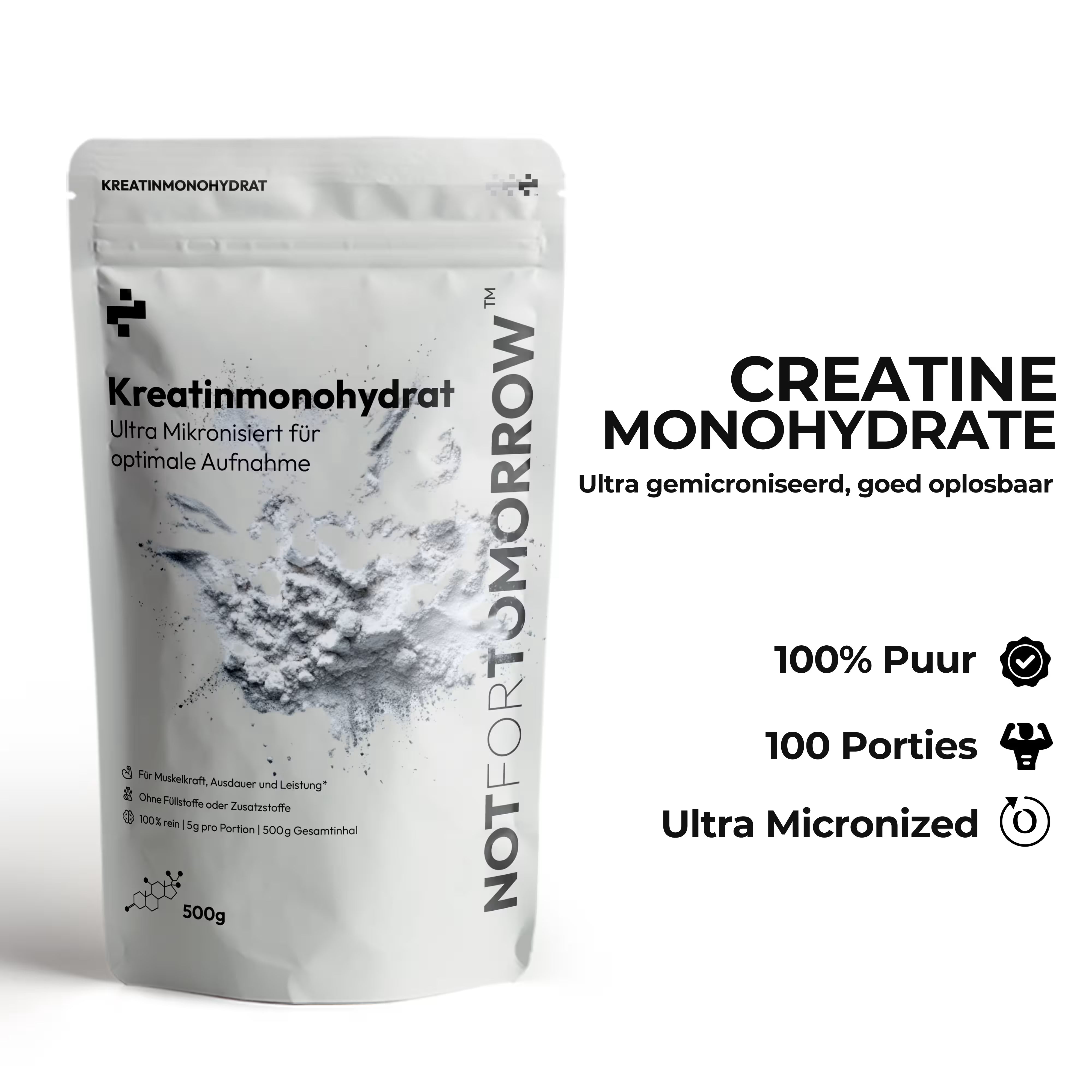 Creatine monohydrate powder supplement pouch, 100% pure, ultra micronized, 500g, 100 servings