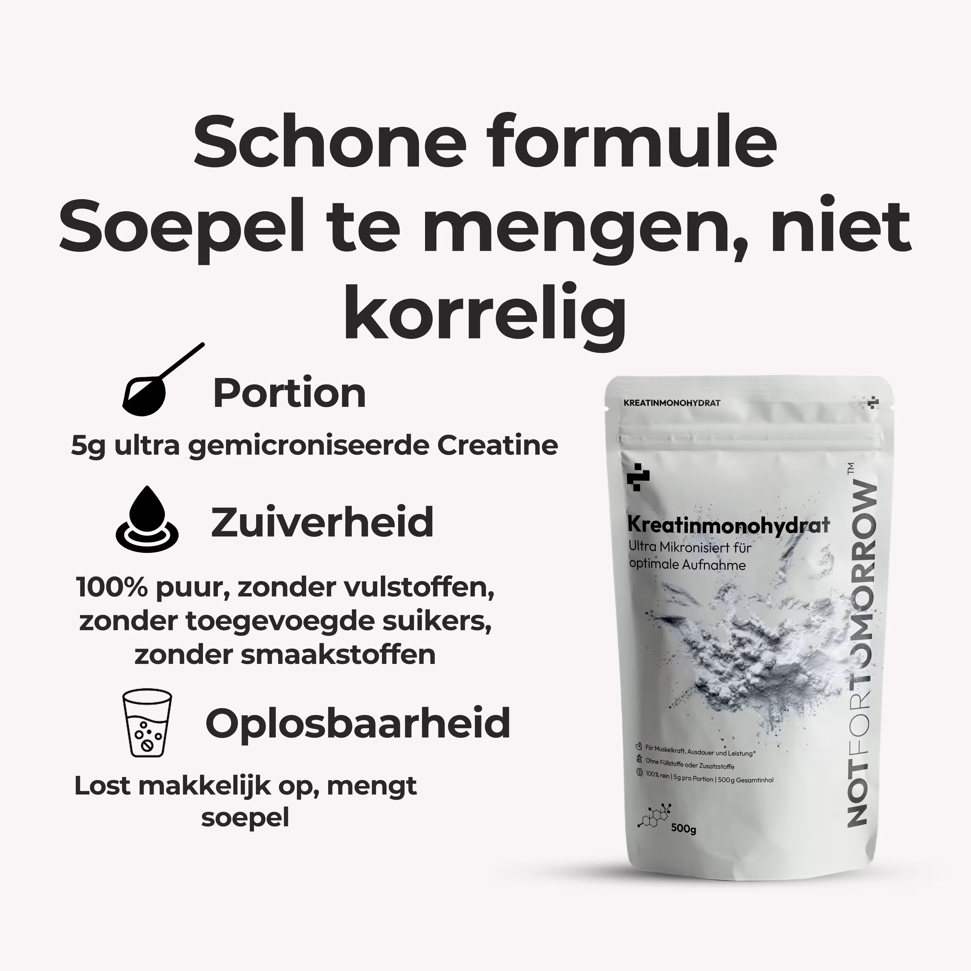 Kreatinemonohydraat supplement pouch with text highlighting pure, easily mixable formula, 5g portion, and no fillers or sugars.