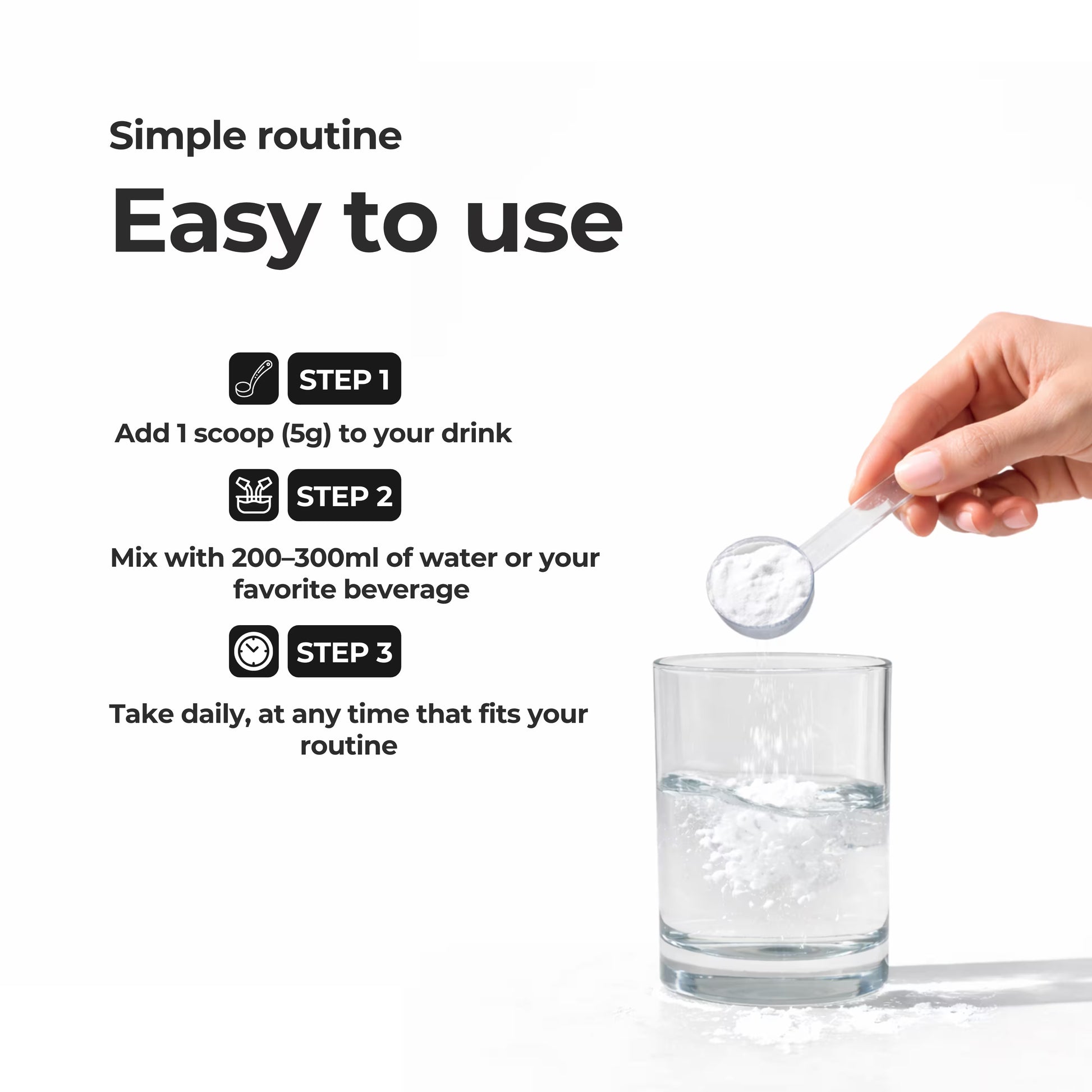 Hand adding a scoop of creatine powder to a glass of water, step-by-step usage instructions shown.