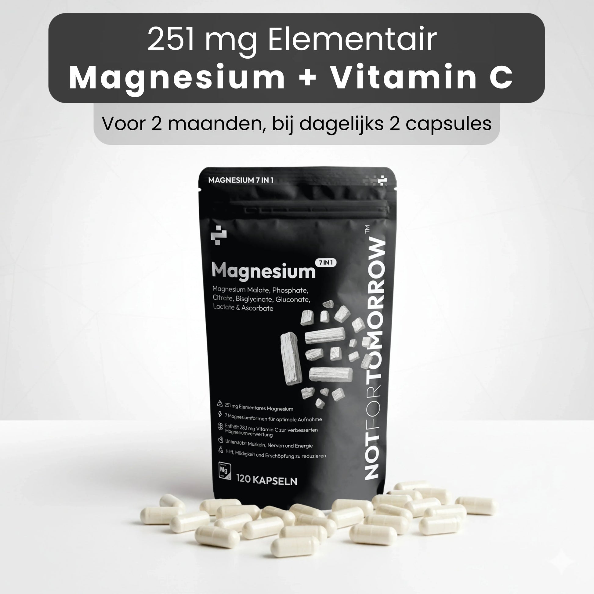 Magnesium and vitamin C capsules pouch with pills on white table, 120 capsules, Dutch text.