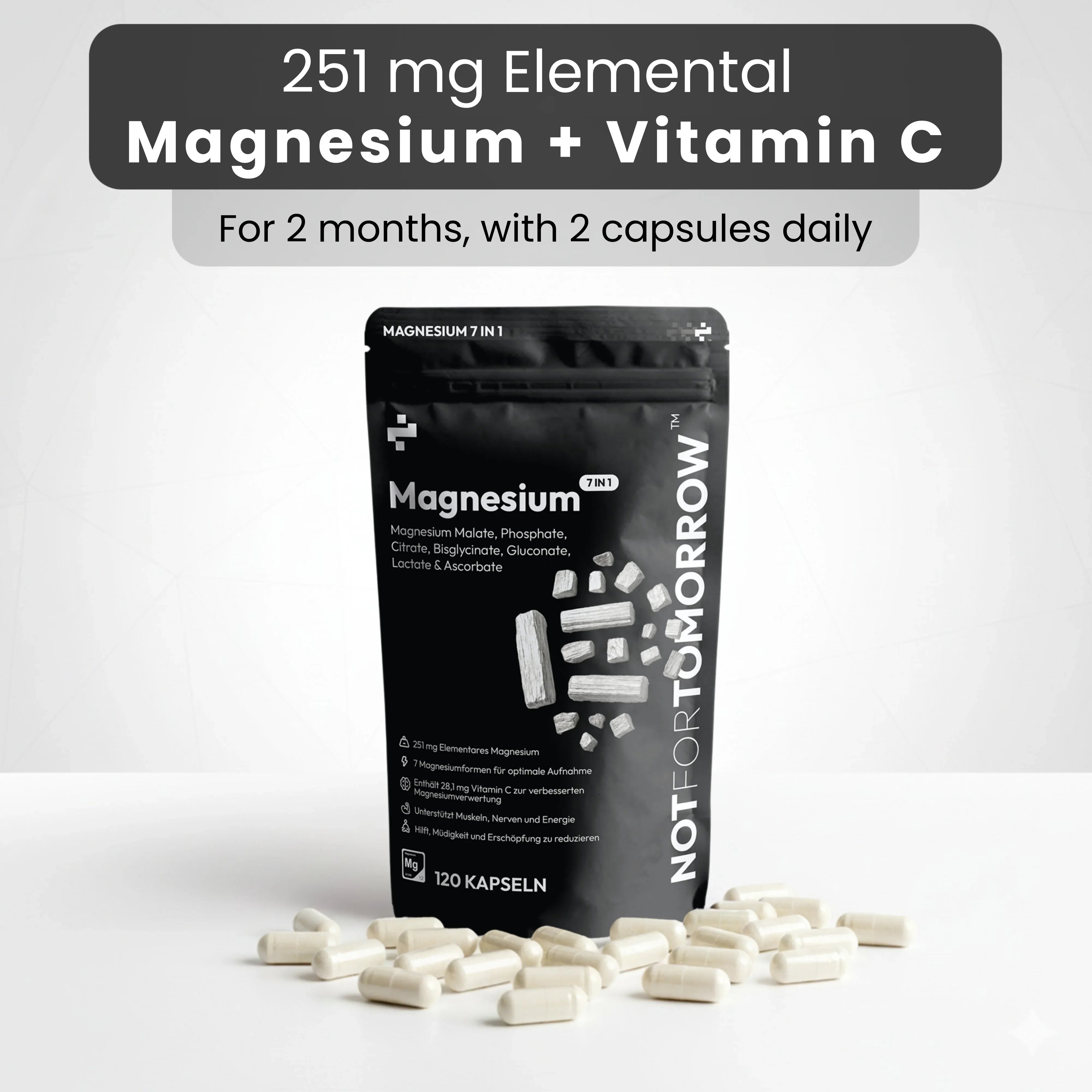 Magnesium 7-in-1 supplement pouch with capsules, labeled 251 mg magnesium plus vitamin C.