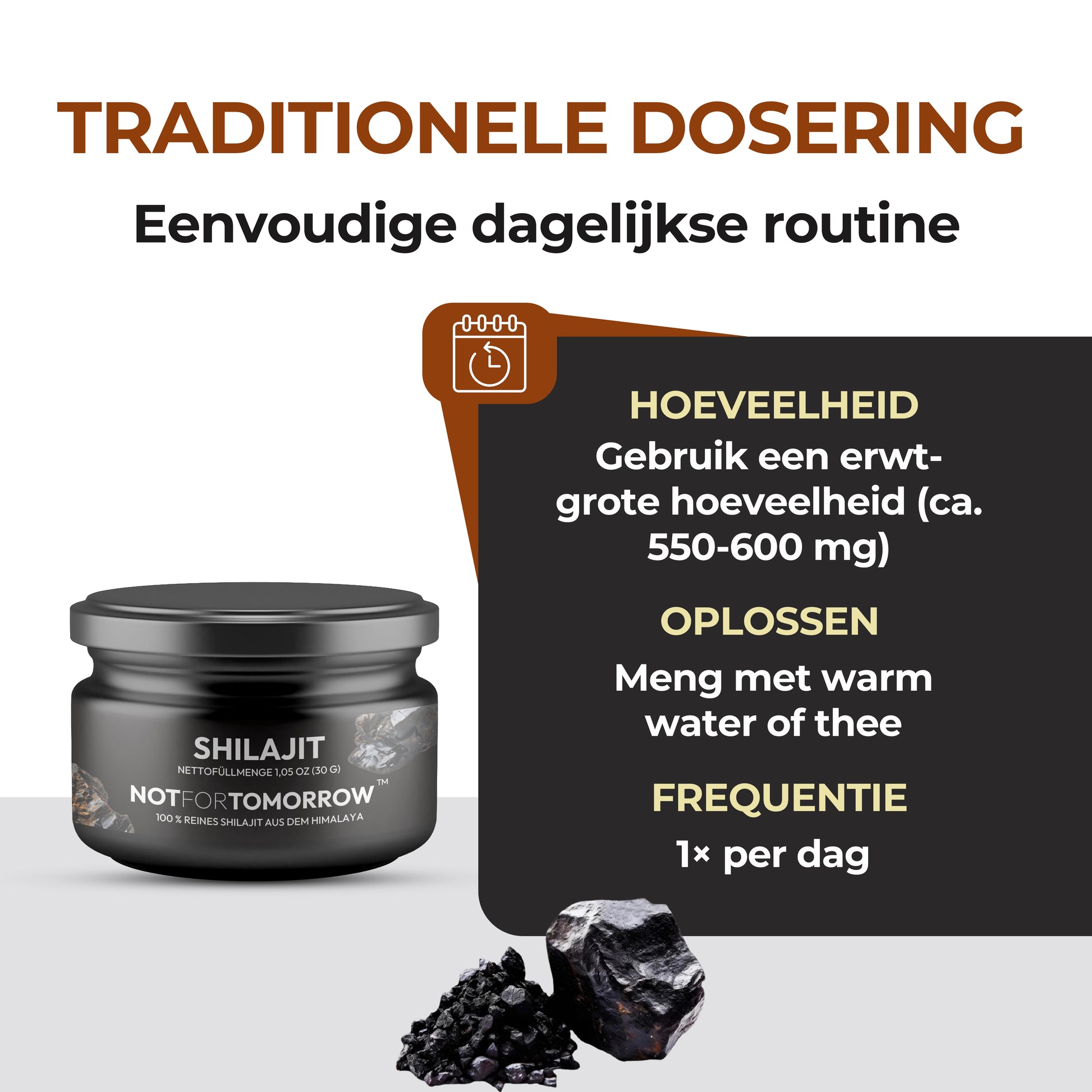 Shilajit supplement jar with dosage instructions, black mineral rocks, and daily routine guide.