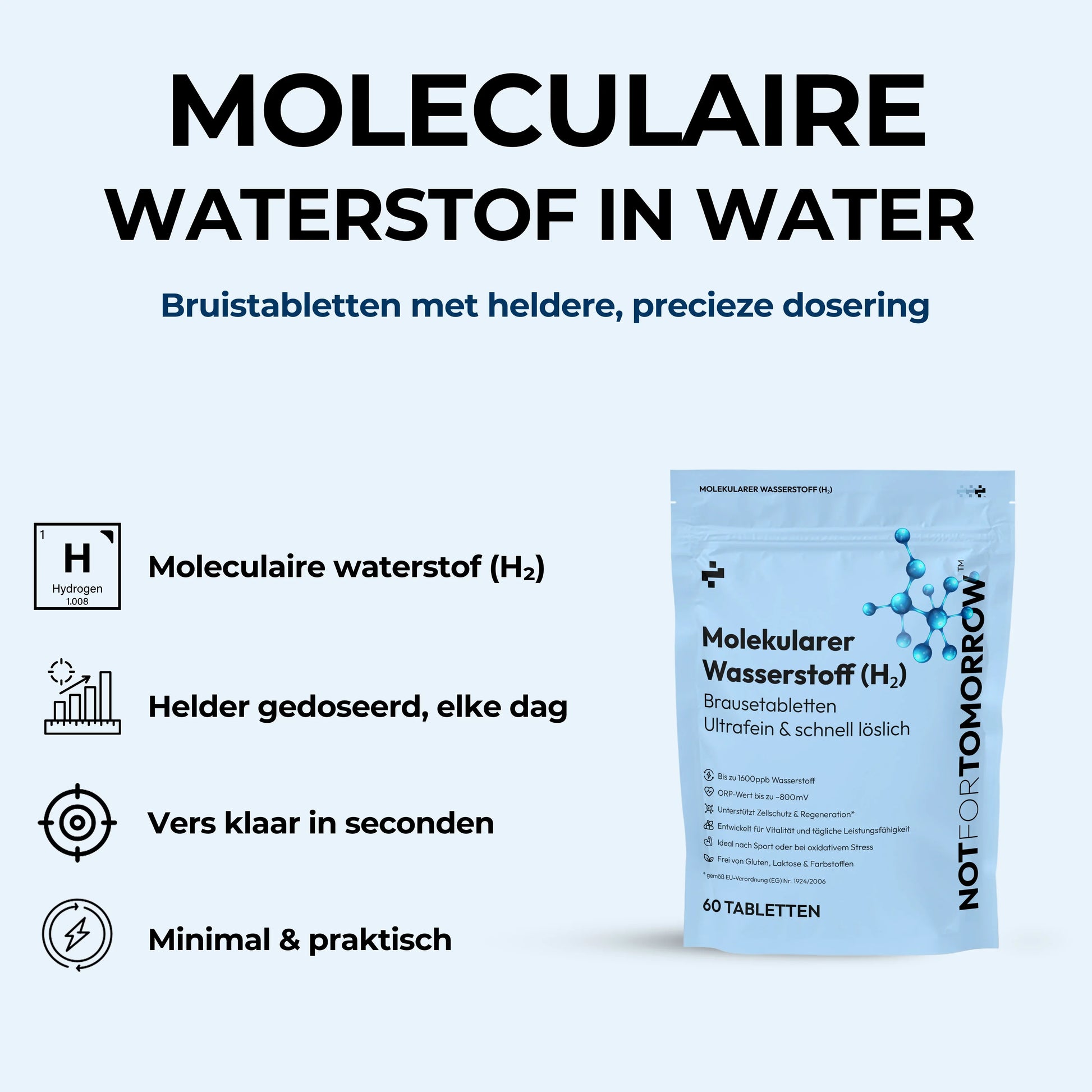 Moleculaire waterstof H2 bruistabletten verpakking, waterstof supplement, heldere dosering, 60 tabletten