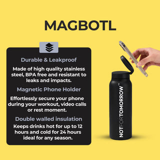 MAGBOTL infographic: black bottle, hand placing phone on lid, noting durable leakproof steel, magnetic holder, double-walled insulation