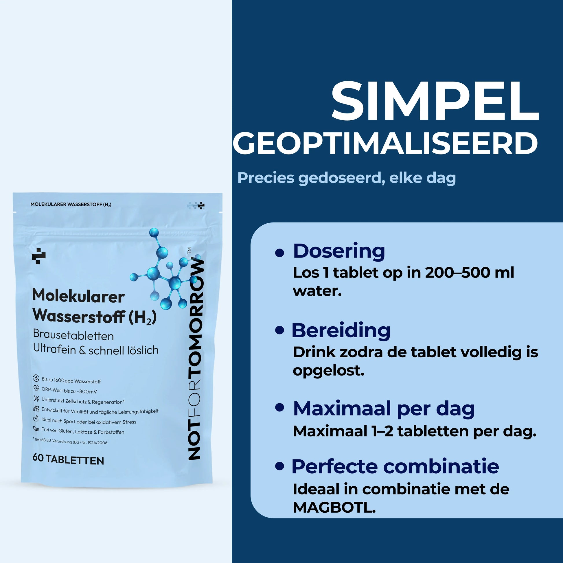 Molekularer Wasserstoff H2 effervescent tablets packaging with Dutch dosage and preparation instructions
