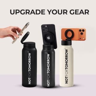 UPGRADE YOUR GEAR: three MAGBOTL bottles (two black, one beige) each with a smartphone held on the magnetic lid
