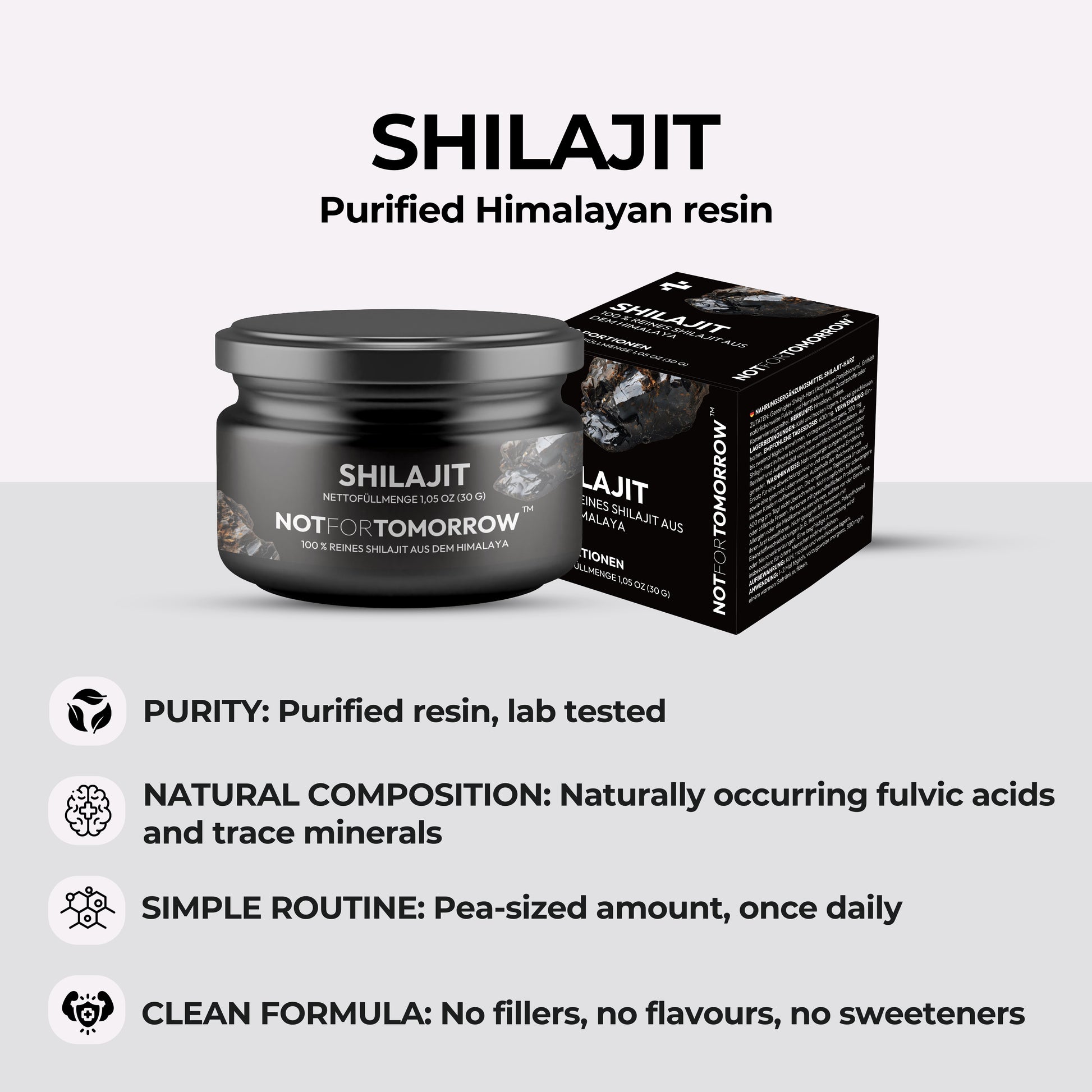 Shilajit purified Himalayan resin supplement jar and box, key purity and natural composition benefits listed.
