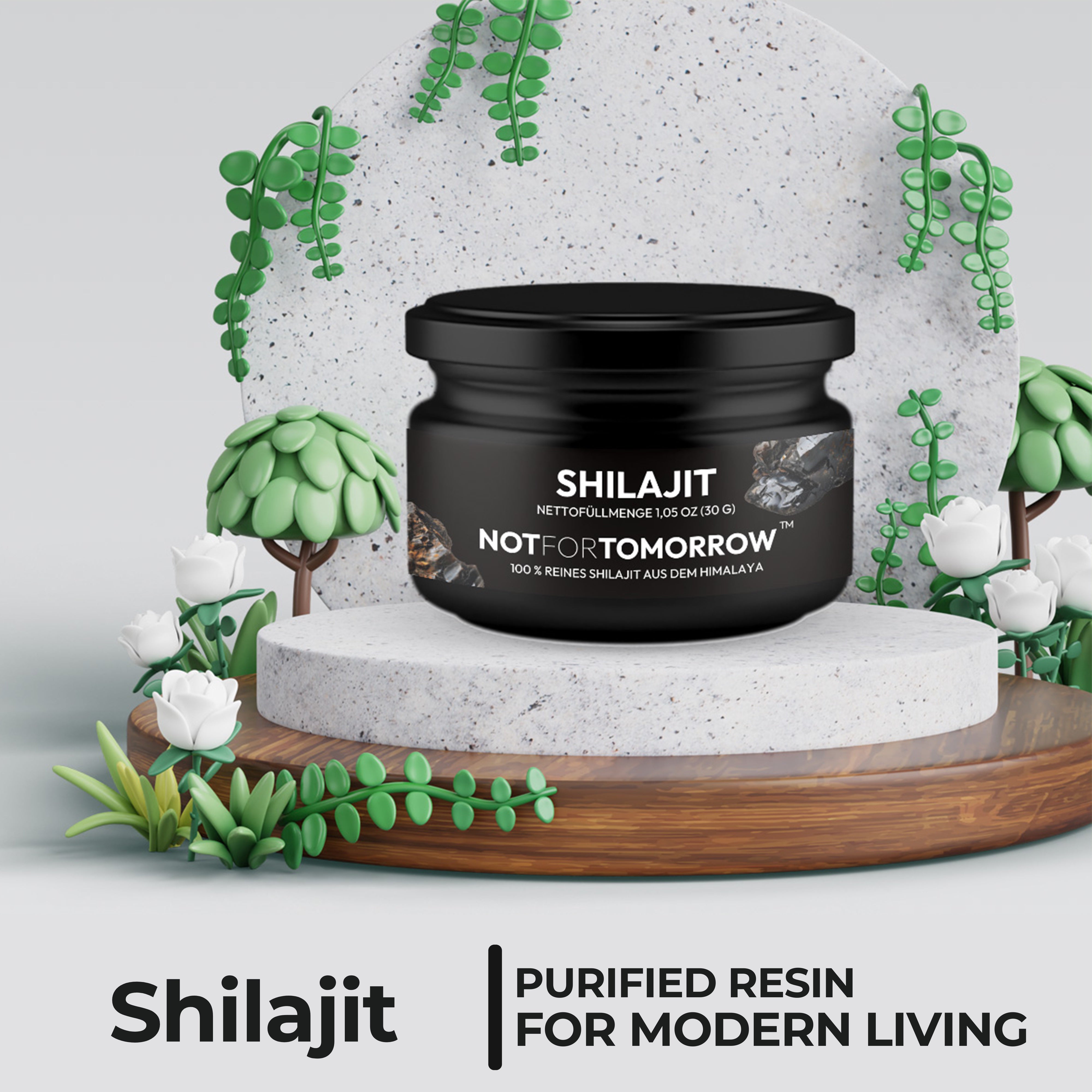 Shilajit purified resin supplement jar on decorative display with greenery and white flowers