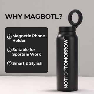 WHY MAGBOTL? black MAGBOTL bottle beside list: 1 magnetic phone holder, 2 suitable for sports and work, 3 smart and stylish