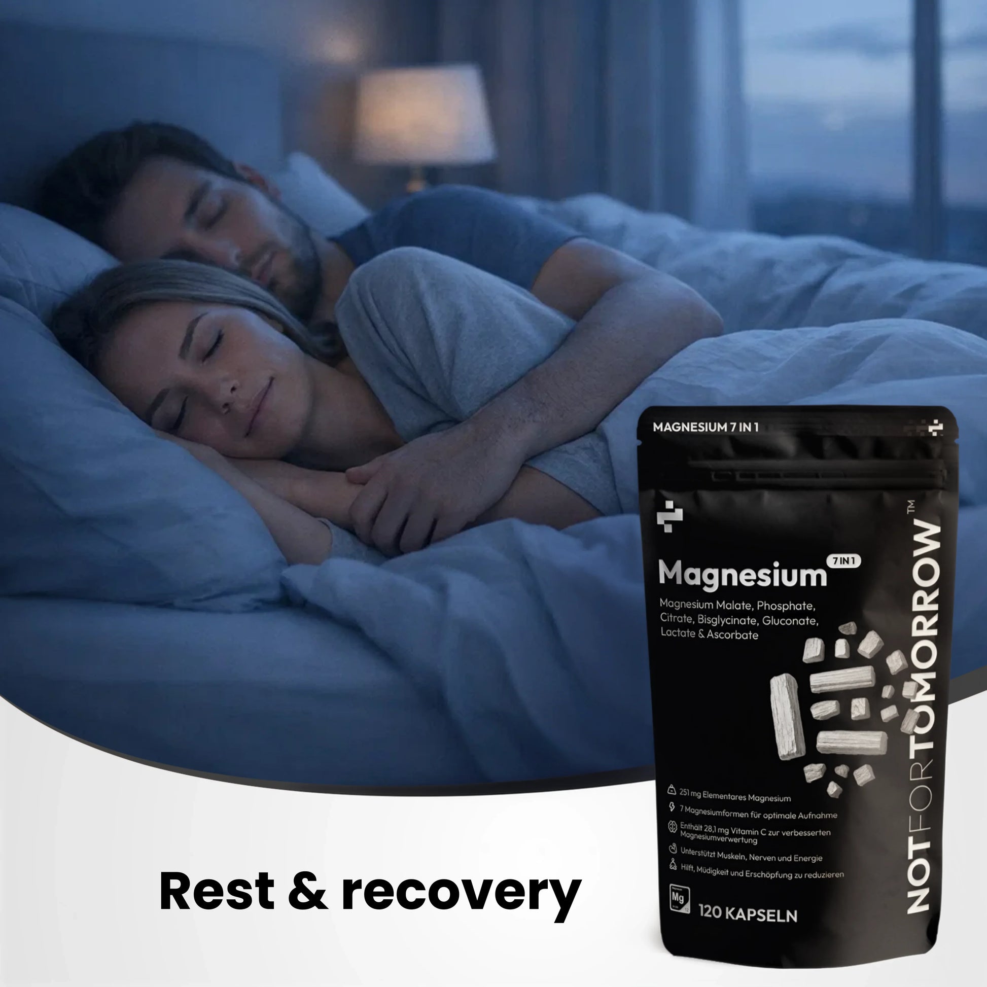 Couple sleeping peacefully in bed with magnesium supplement pouch labeled for rest and recovery