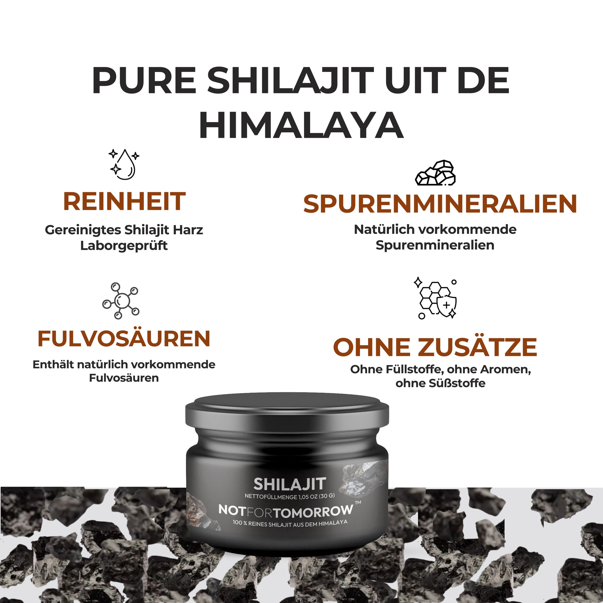 Pure Himalayan Shilajit supplement jar with text on purity, trace minerals, fulvic acids, no additives.