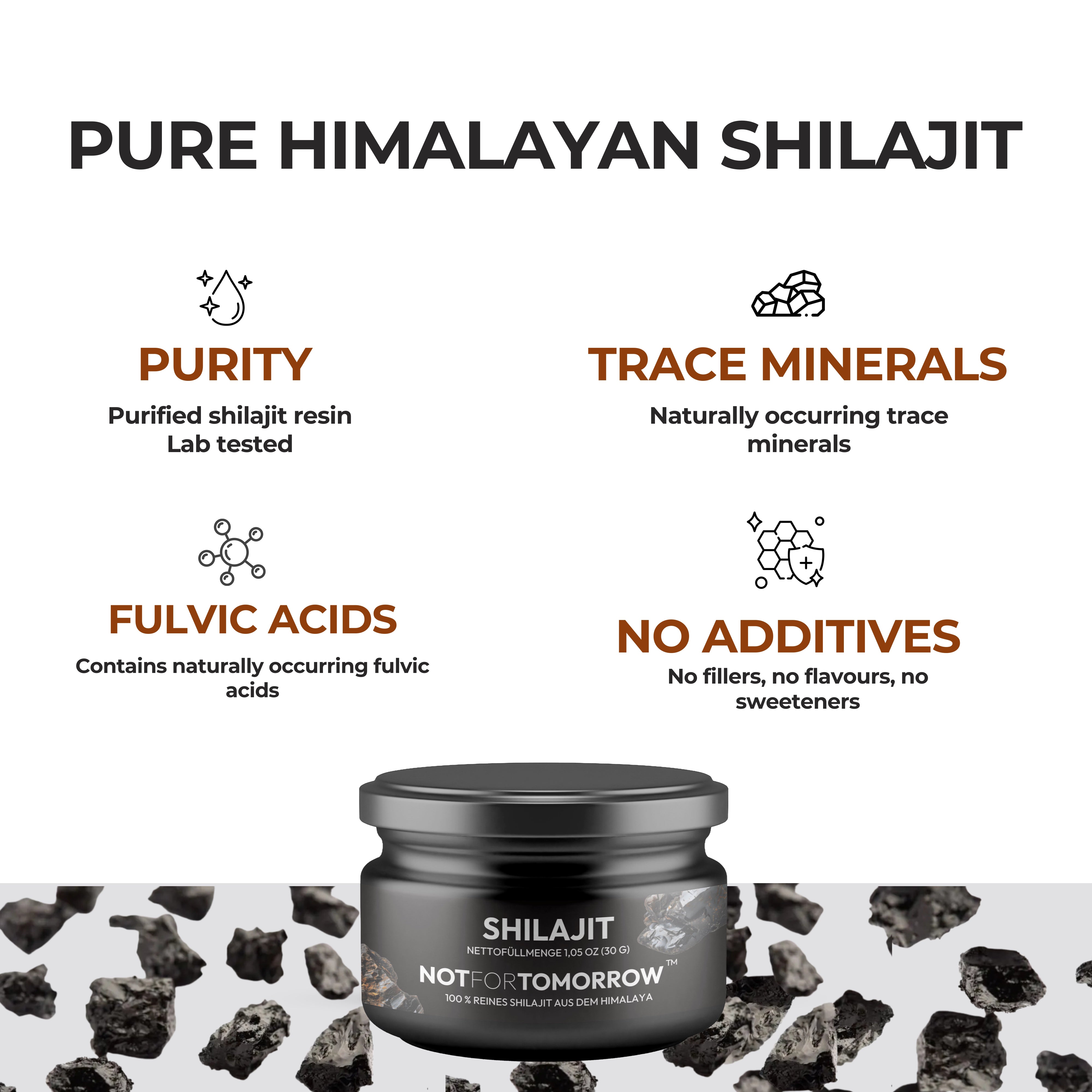 Pure Himalayan shilajit resin jar highlighting purity, trace minerals, fulvic acids, and no additives.