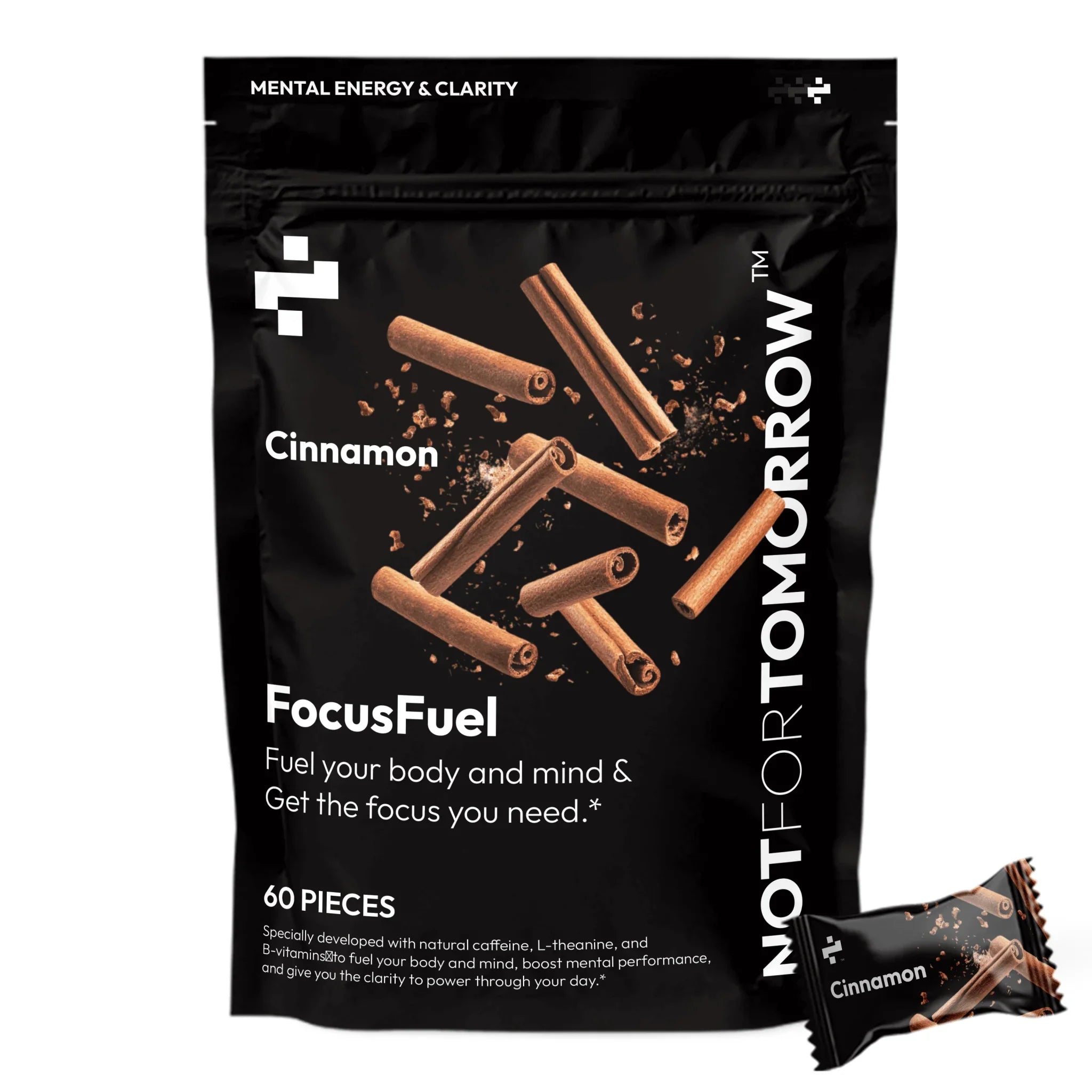 Cinnamon FocusFuel supplement bag with cinnamon sticks and individual wrapped piece, 60 count