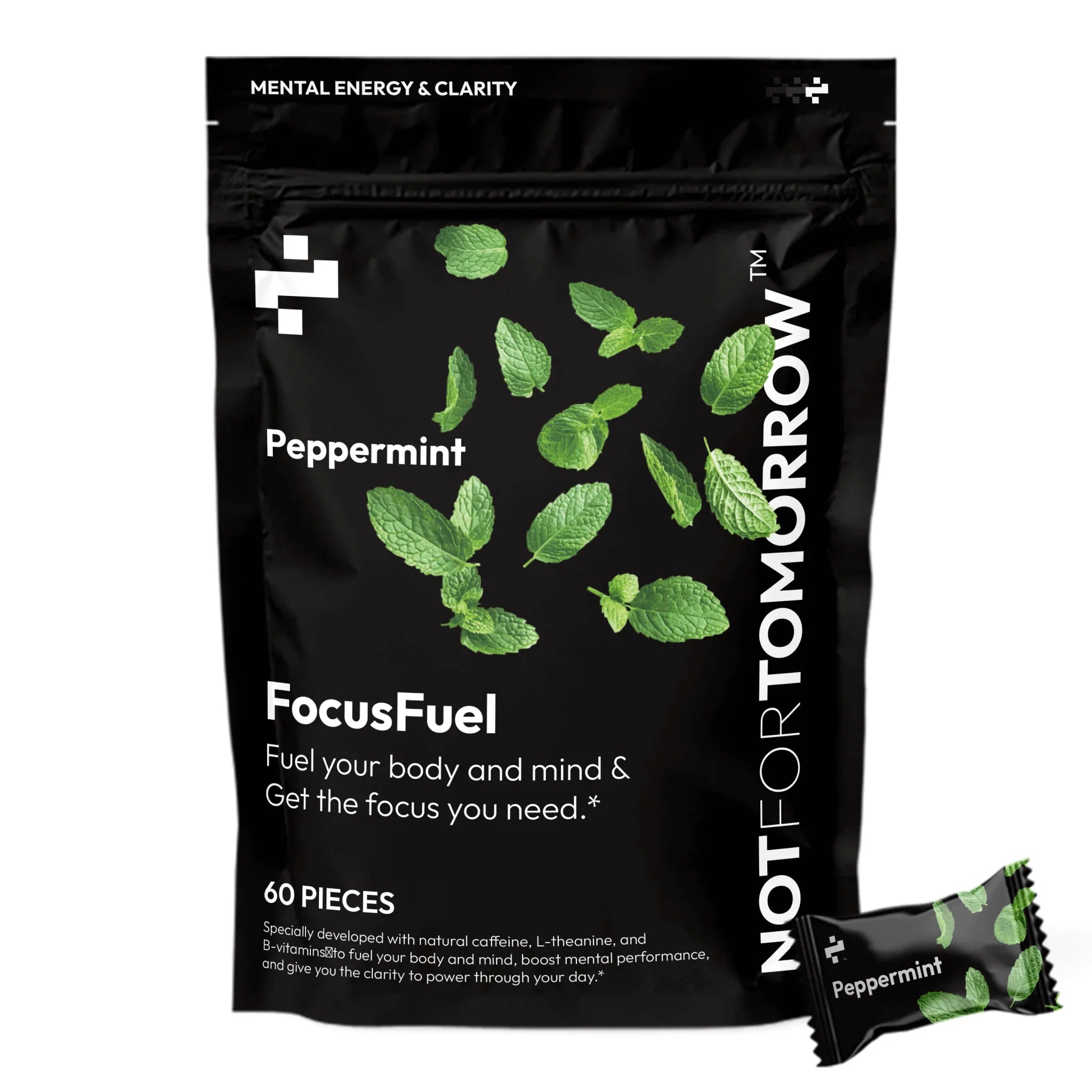 Peppermint FocusFuel supplement pack with mint leaves for mental energy and clarity