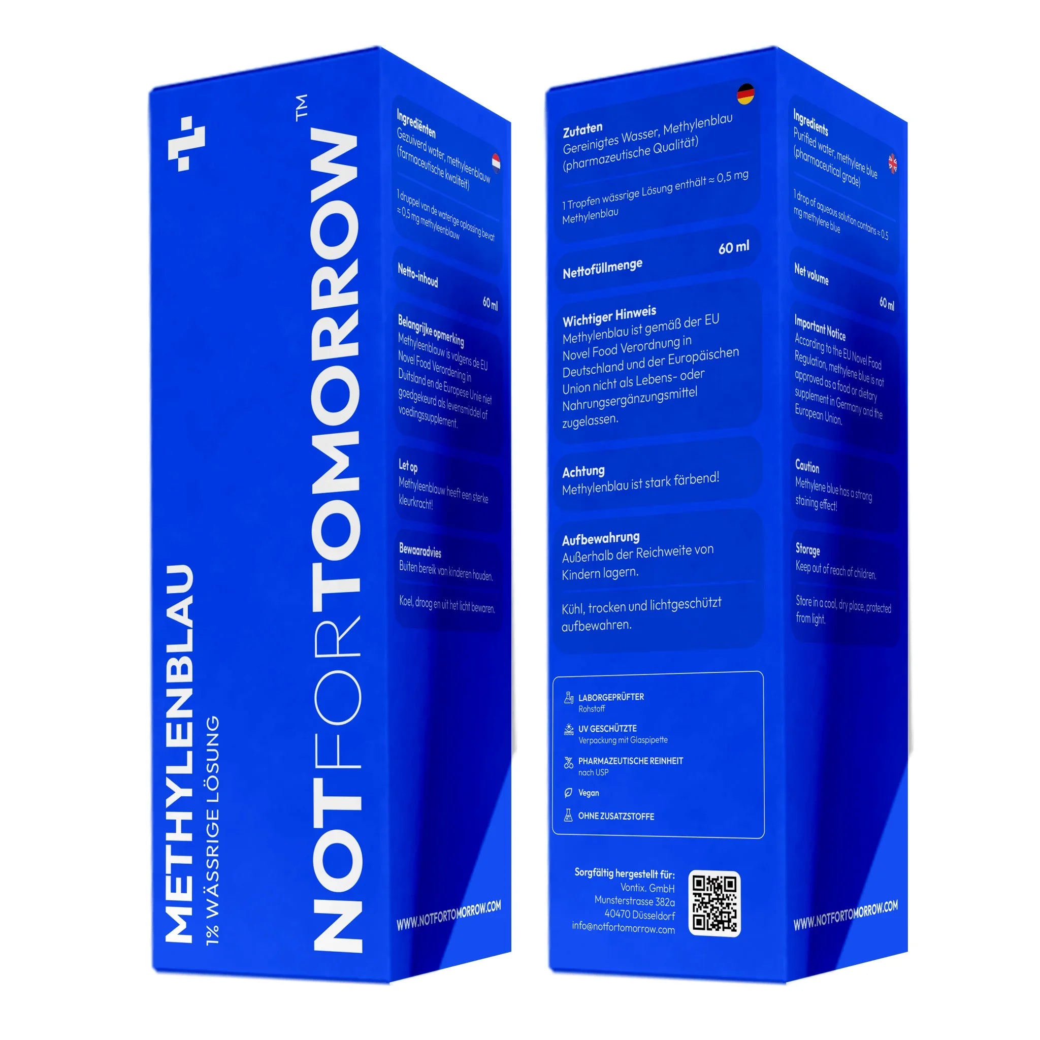 Methylene blue 1% aqueous solution in blue pharmaceutical packaging, 60ml, with usage details.